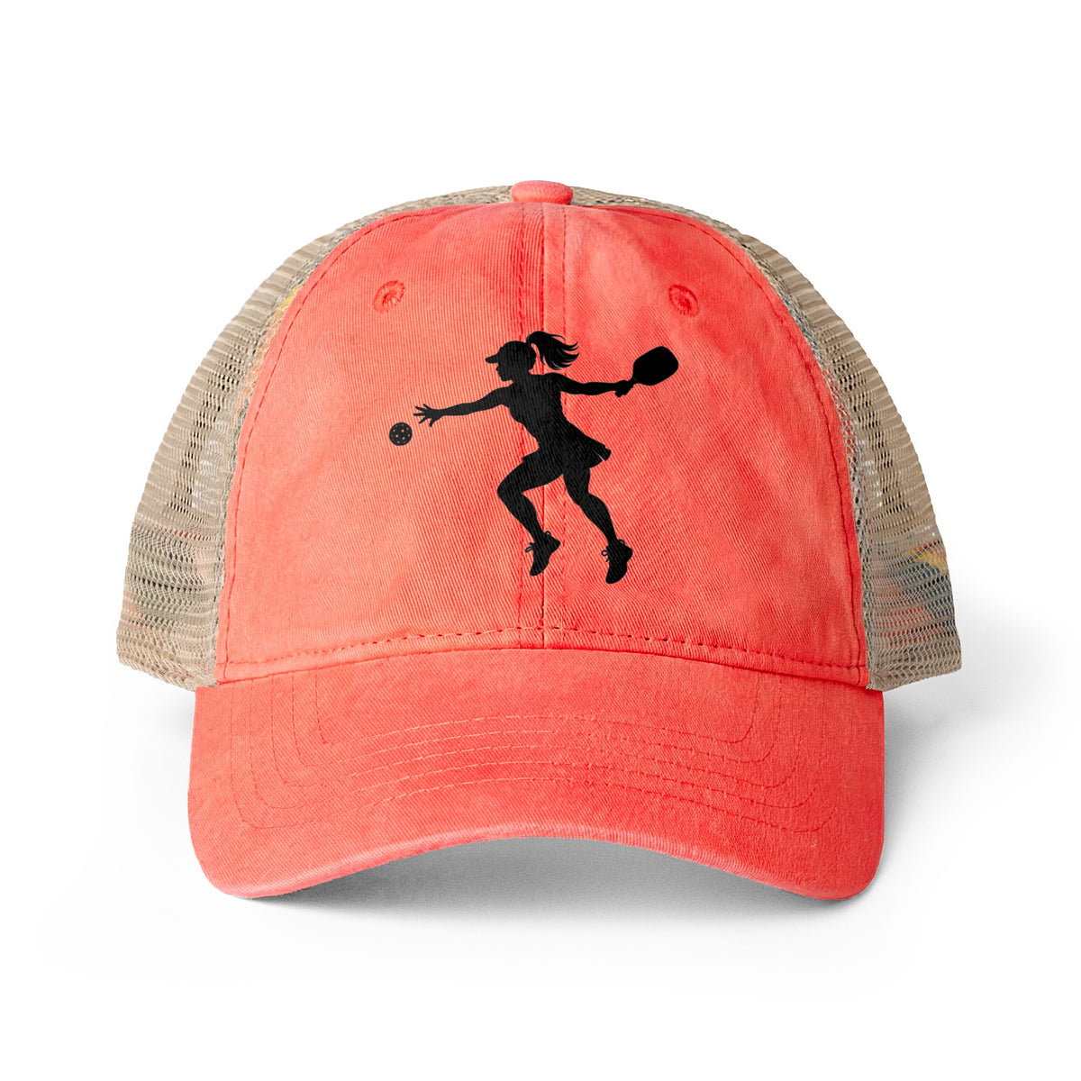 A coral pink distressed trucker hat with beige mesh back panels and a black silhouette of a female pickleball player on the front, shown against a plain white background.