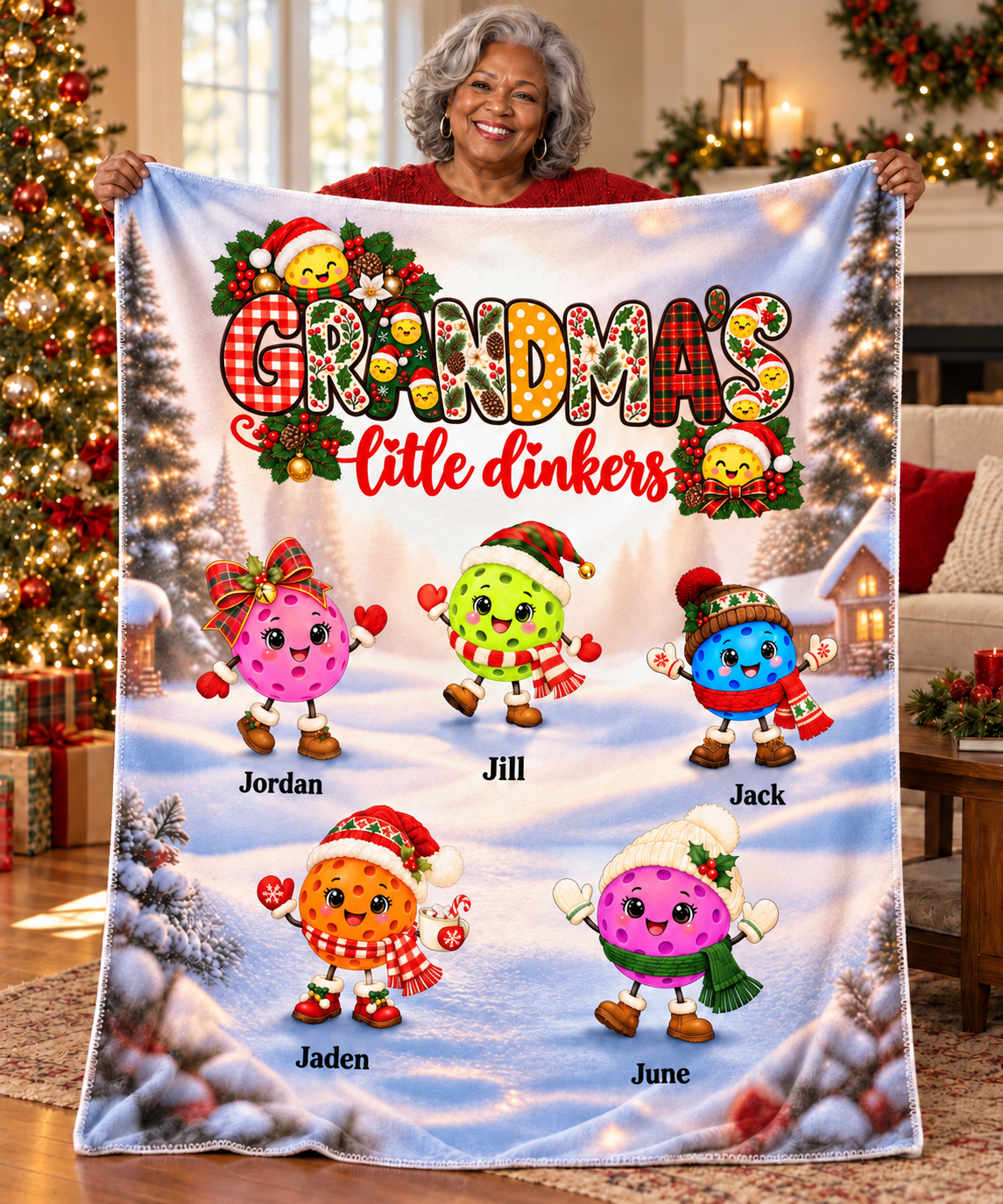 Grandma's Little Dinkers Personalized Xmas Pickleball Themed Velveteen Plush Blanket