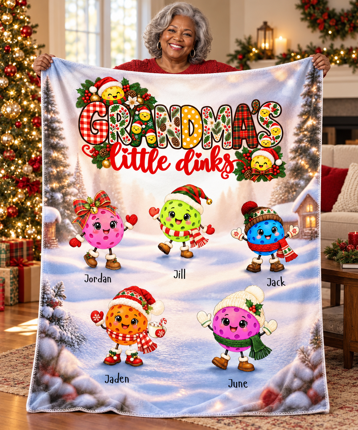 Grandma Little Xmas Dinks Personalized Pickleball Themed Velveteen Plush Blanket