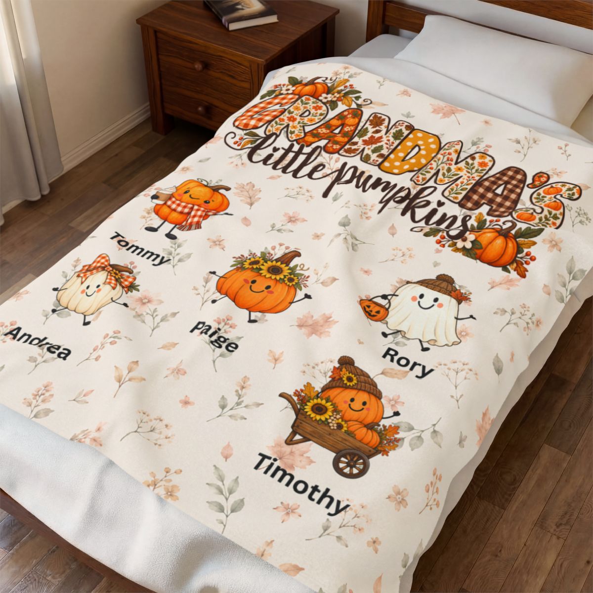 Personalize Grandma's Little Pumpkins Blanket, Custom Fall Theme, Grandkids Names On Velveteen Plush Blanket