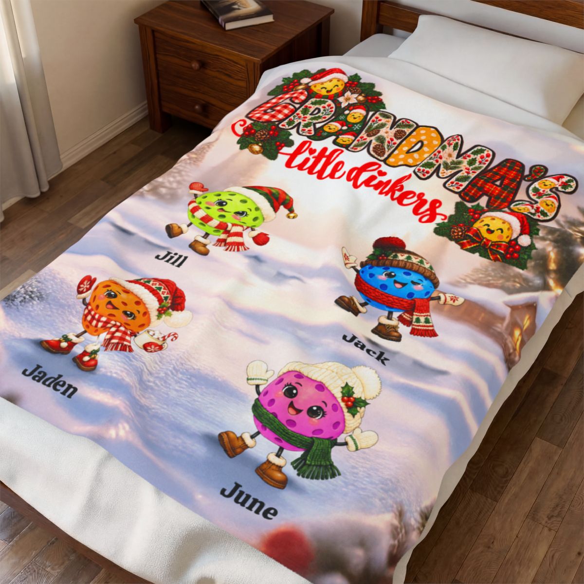 Grandma's Little Dinkers Personalized Xmas Pickleball Themed Velveteen Plush Blanket