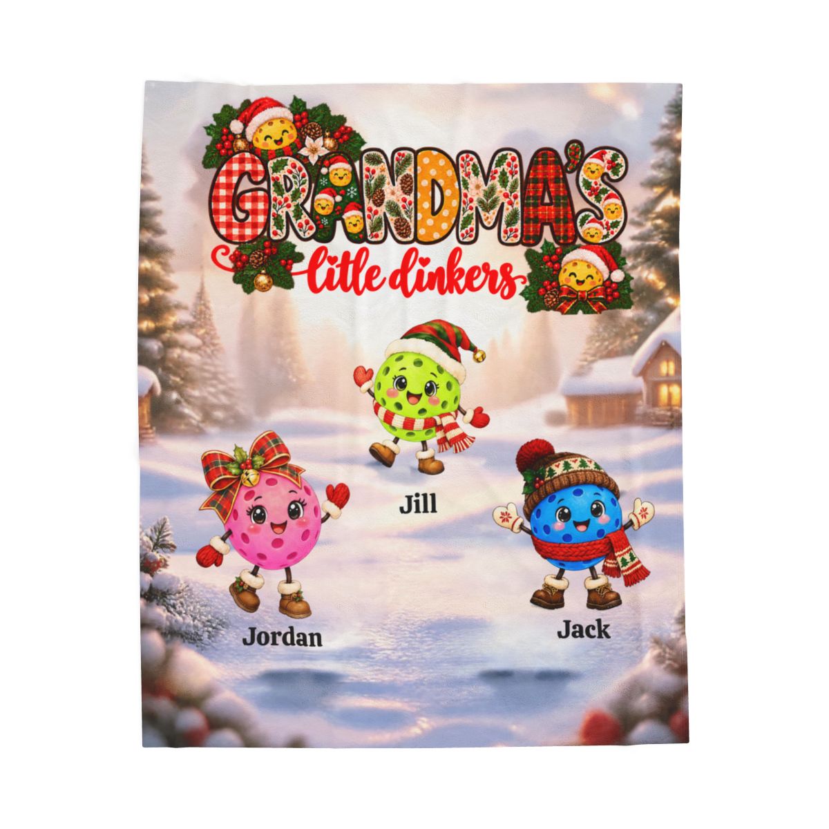 Grandma's Little Dinkers Personalized Xmas Pickleball Themed Velveteen Plush Blanket