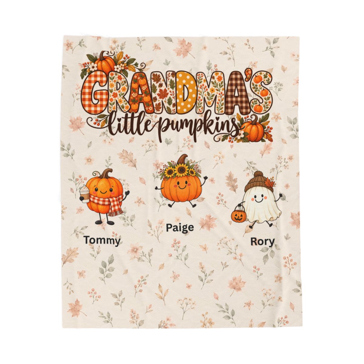 Personalize Grandma's Little Pumpkins Blanket, Custom Fall Theme, Grandkids Names On Velveteen Plush Blanket