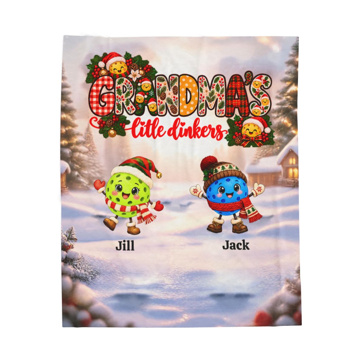 Grandma's Little Dinkers Personalized Xmas Pickleball Themed Velveteen Plush Blanket